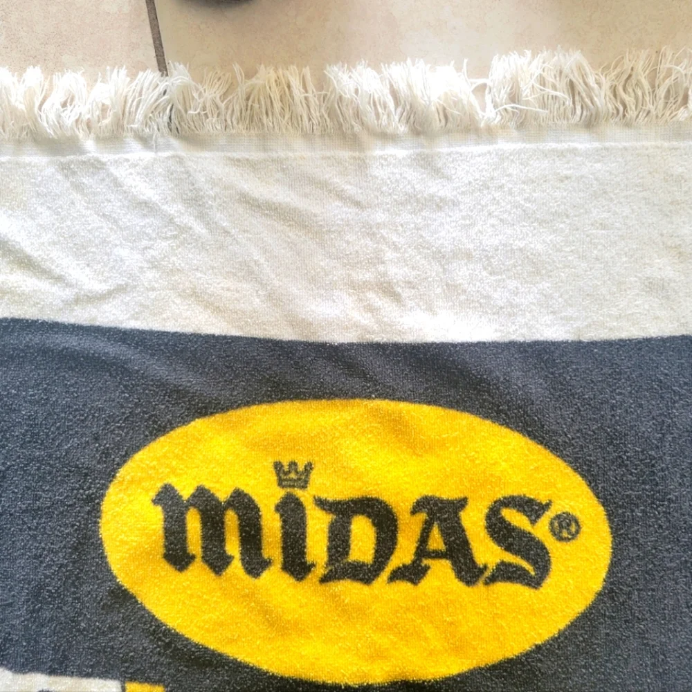 Vintage Midas Beach Towel Cars Muffler Promo 80s Cotton Racing Tires Advertising